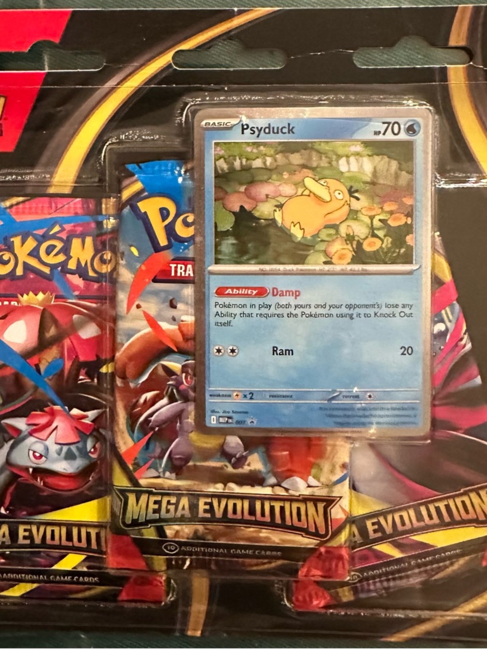 Pokemon Blue Psyduck Trading Card Pack with Red, Yellow, Black Accents